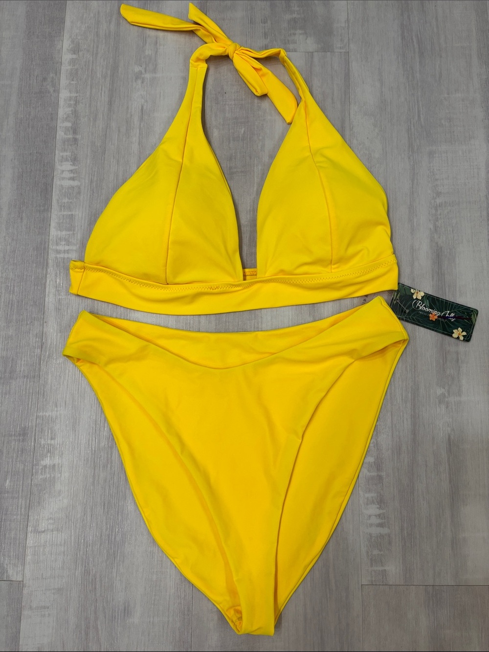 Blooming Jelly Bright Yellow Halter Bikini Set - Women's Swim Large B cup
